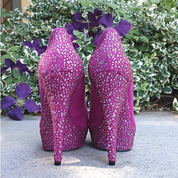 Enzo Angiolini Dark Pink Fuchsia Platform High Stiletto Heels with Rhinestones - Picture 5 of 8